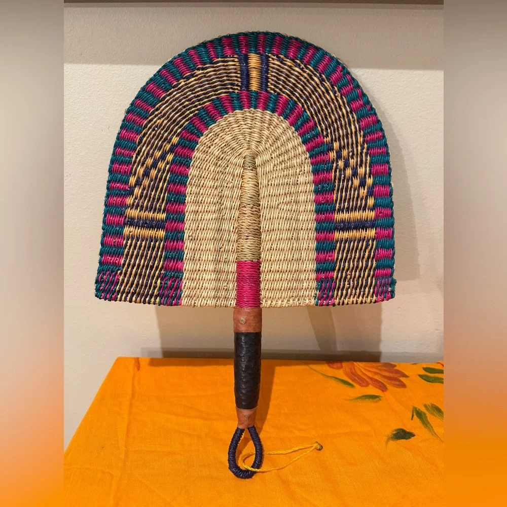 Vintage African Bolga Hand Woven Straw Fan Leather Handle Boho Wall Decor